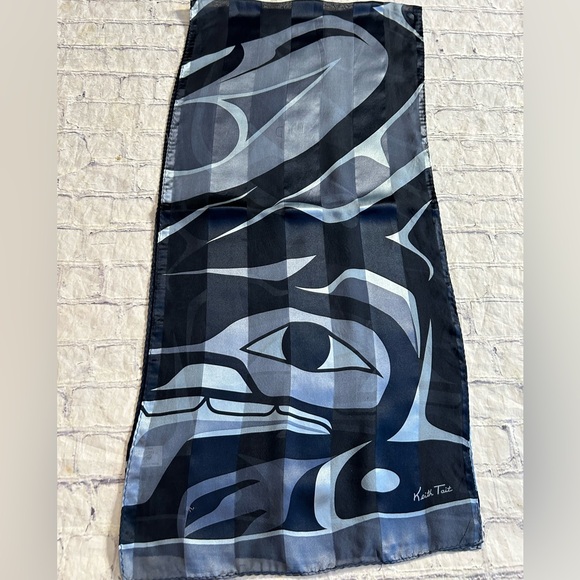KEITH TAIT NATIVE AMERICAN 100% SILK MAGENTA BLACK/GRAY ABSTRACT EYE SCARF O/S - Picture 8 of 8